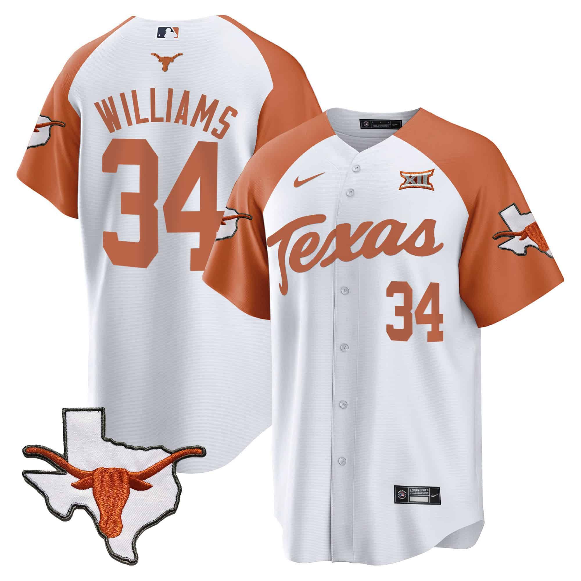 Men Texas Longhorns #34 Williams White 2024 Baseball NCAA Jersey style 2